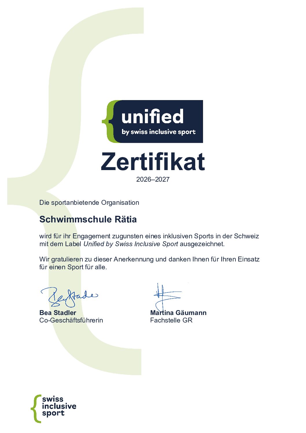 Zertifikat-Unified-Schwimmschule Rätia